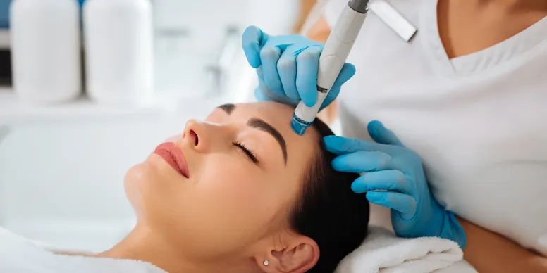 A woman getting her face microdermabrasion treatment.