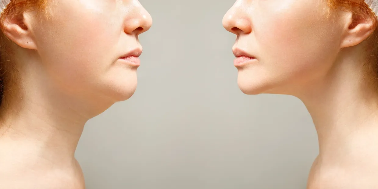 Two women 's faces side by side with one of them facing opposite directions.